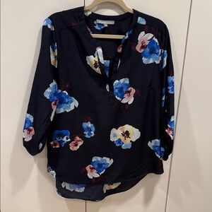 Daniel Rainn Black Blouse with Blue and White Floral Print
